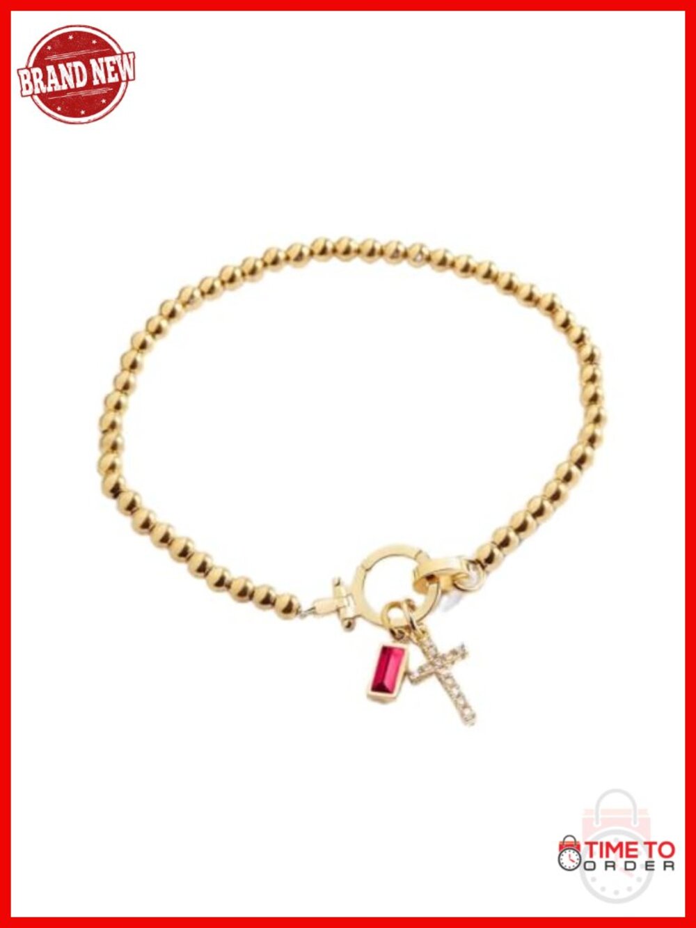 Stretch Birthstone Cross Charm Bracelet - 18K Gold Plated Over Brass